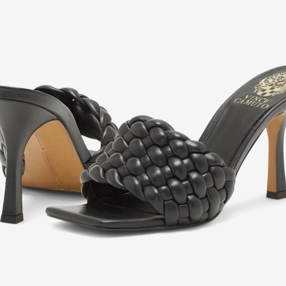 🖤Vince Camuto Leather Quilted Heeled Sandals Brinela, 8M Black, Square Open Toe